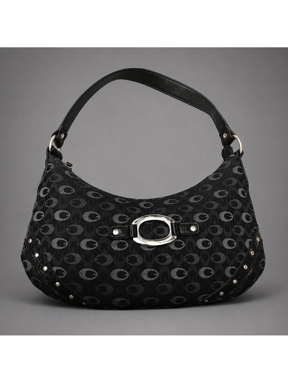 Black Crescent Hobo Shoulder Bag Monogram Circle Print Silver Buckle Studs Purse